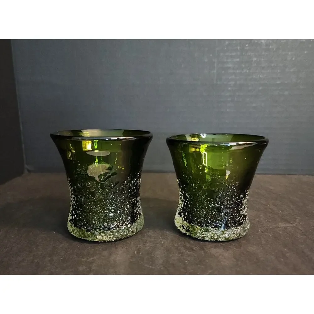 Hand Blow Art Glass Frit Overshot Green 2 Votive Candle Holders, Vases, Juice